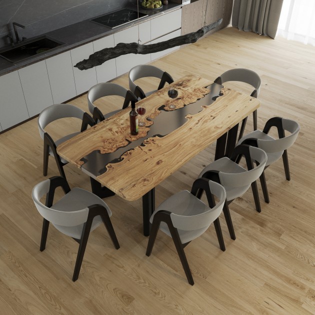 Dining table «Gray cardinal». Rock elm, gray transparent epoxy resin, metal legs Axis