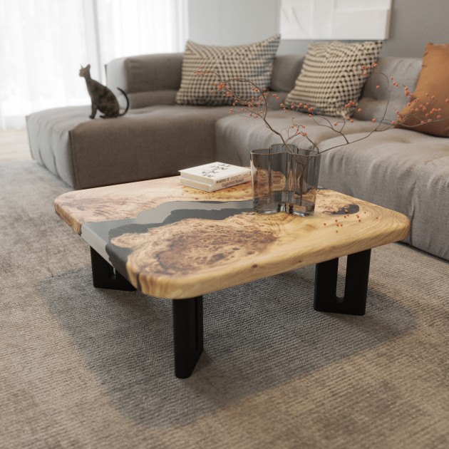 Grey Cardinal Coffee Table. Elm wood, grey transparent epoxy resin, polyurethane lacquer