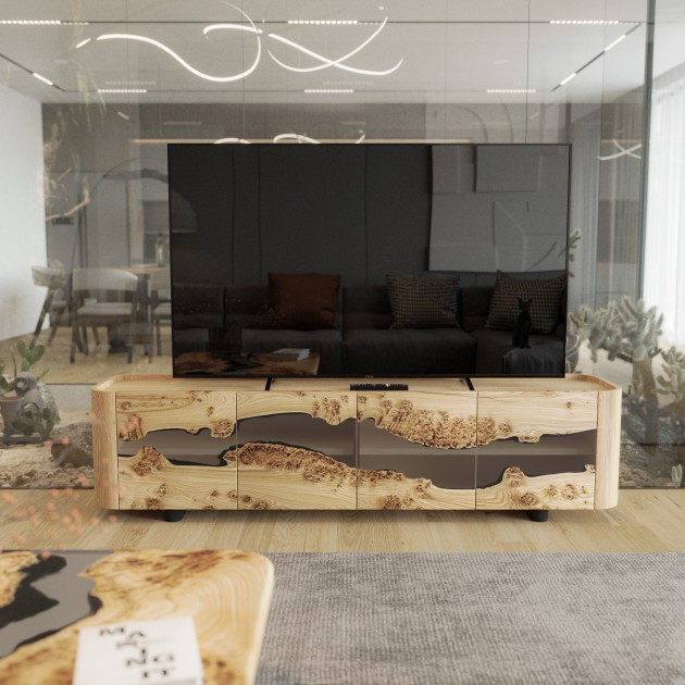 Grey Cardinal Table Cabinet. Rock Elm, transparent grey epoxy resin, polyurethane lacquer