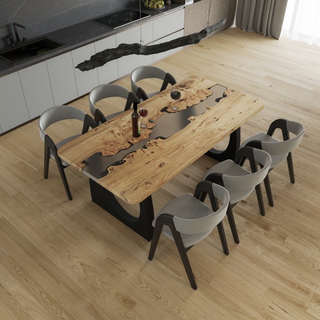 Dining table «Gray cardinal». Rock elm, gray transparent epoxy resin, metal legs Axcent