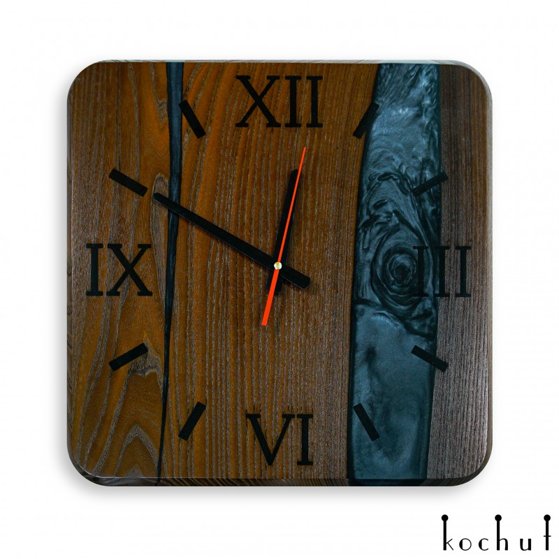 Wall clock «Quantum». Elm, blue pearl epoxy resin, polyurethane, square shape