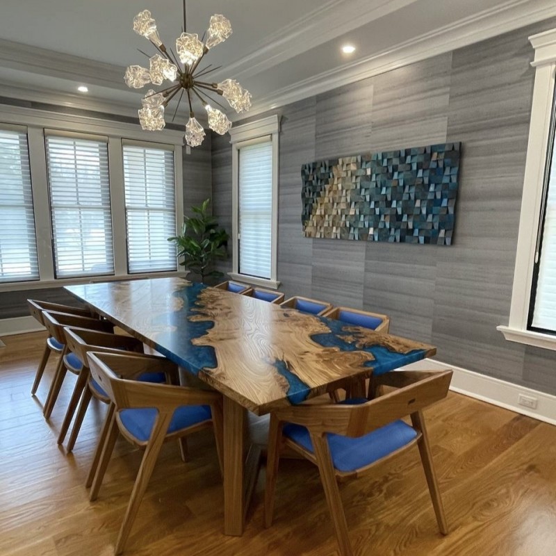 Dining table «Oceanida». Elm, blue pearl epoxy resin, polyurethane 