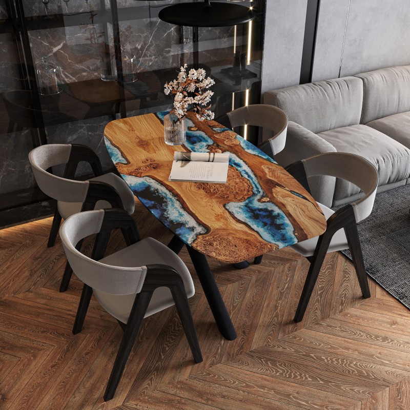  Dining table «Atlantis». Rock elm, blue epoxy resin, polyurethane 