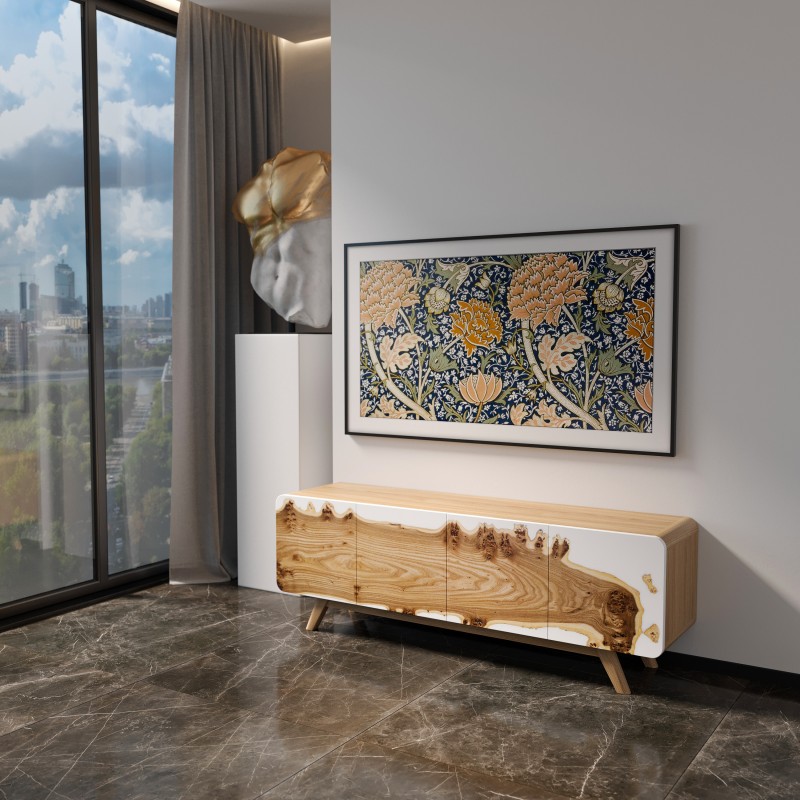 Cabinet «Bianco». Rock elm, white opaque epoxy resin, polyurethane 