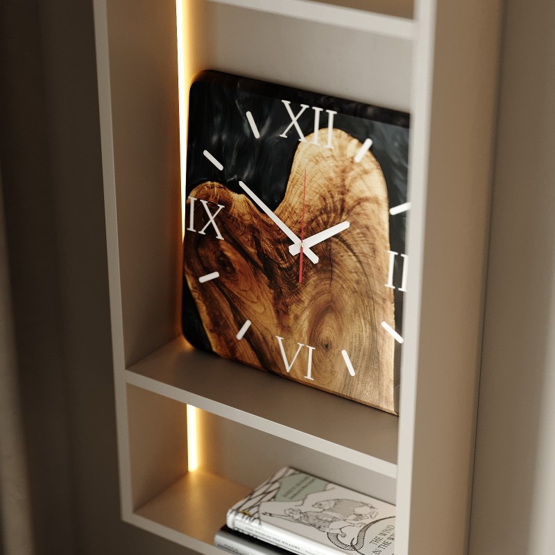 Wall clock «Quantum». Walnut, black pearl epoxy resin, polyurethane 