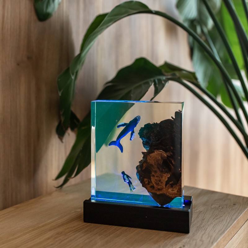 Decorative lamp «Cousto». European walnut, wild olive, transparent epoxy resin, polyurethane 
