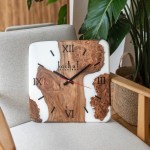 Wall clock «Quantum». Rock elm, white opaque epoxy resin, polyurethane 