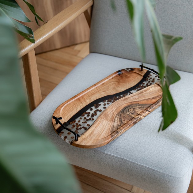 Serving tray «Hyuge. Twilight fog». Tinted rock elm, transparent epoxy resin, polyurethane 