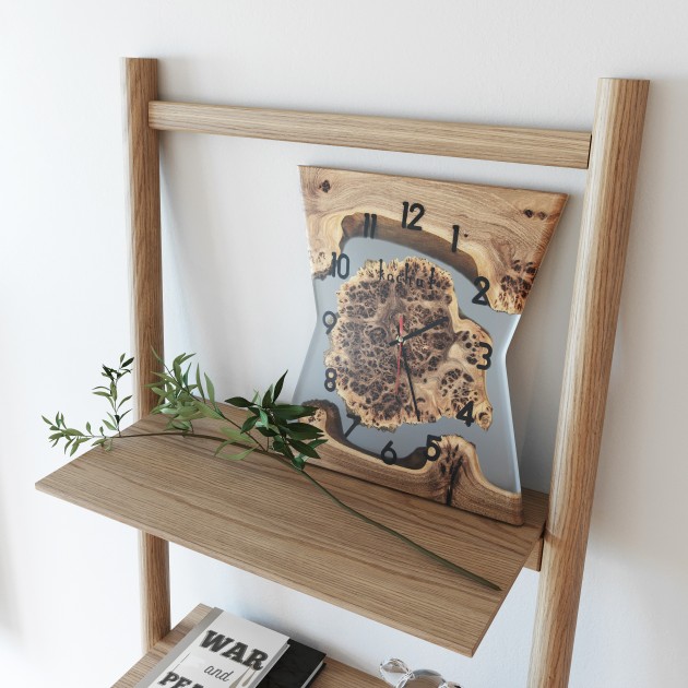 Wall clock "Dune". Mountain elm, transparent epoxy resin, polyurethane