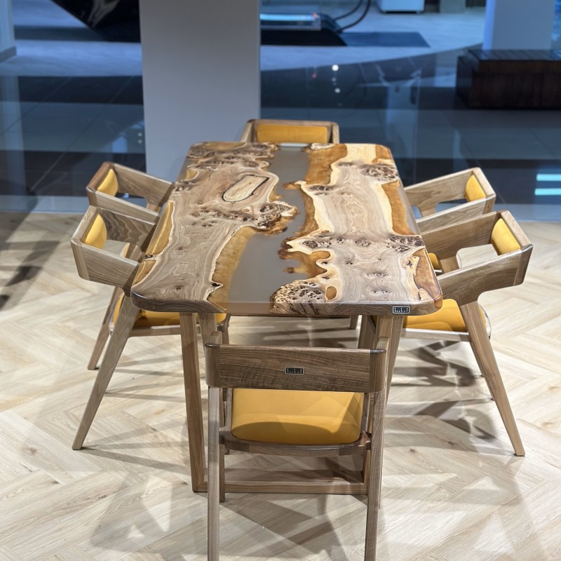 Dining table «Morocco». Rock elm, transparent epoxy resin, polyurethane 