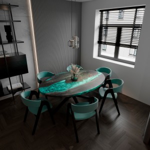 Dining table «Nephritis». Tinted elm, green pearl epoxy resin, polyurethane 