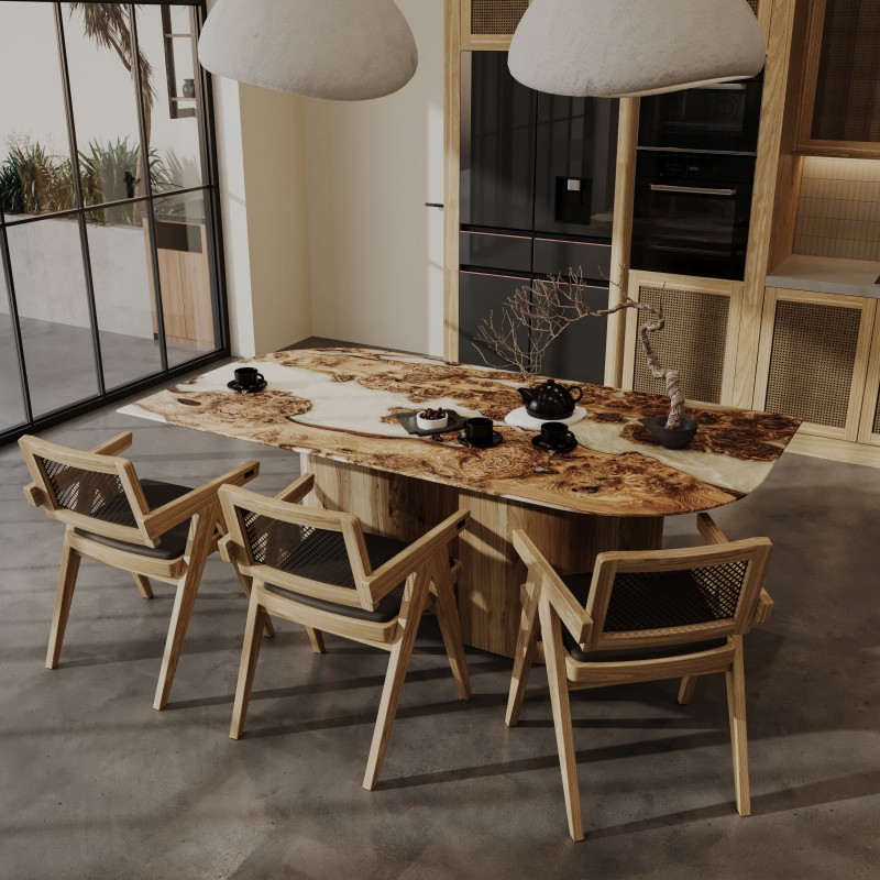 Dining table «Albion». Rock elm, white pearl epoxy resin, polyurethane 