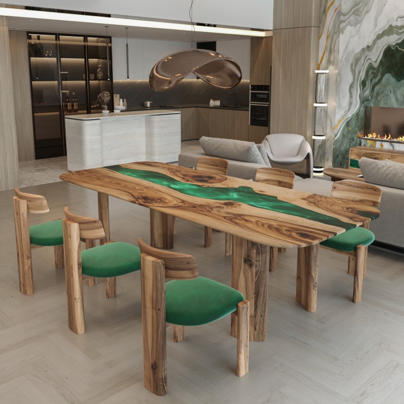 Dining table “Twilight Mist”. European walnut, emerald epoxy resin, polyurethane lacquer