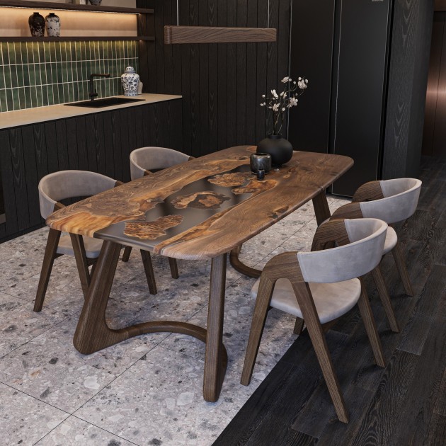 Albertini dining table. Rock elm, clear epoxy resin, polyurethane varnish