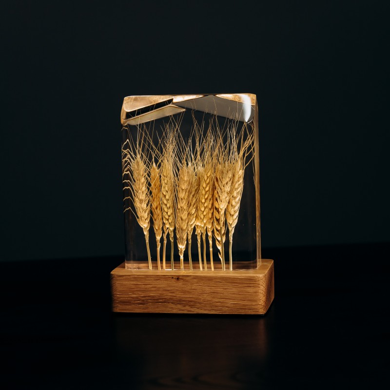 Decorative lamp with wheat ears “Warmth of Unity”. Natural oak, transparent epoxy resin