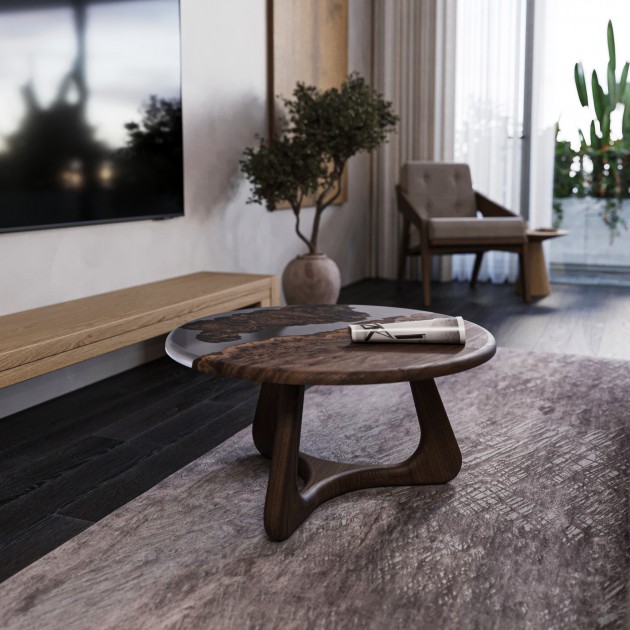 Журнальний столик «Альбертіні». Скельний вяз, прозора епоксидна смола, поліуретановий лак