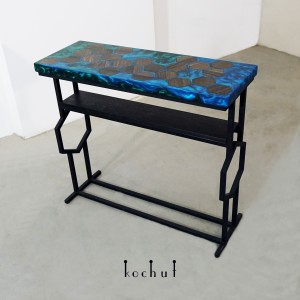 Table-console «Mahaon». Bog oak, рearl green-blue epoxy resin, polyurethane 