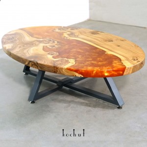Coffee table «Ra». Rock elm, orange pearl epoxy resin, polyurethane 