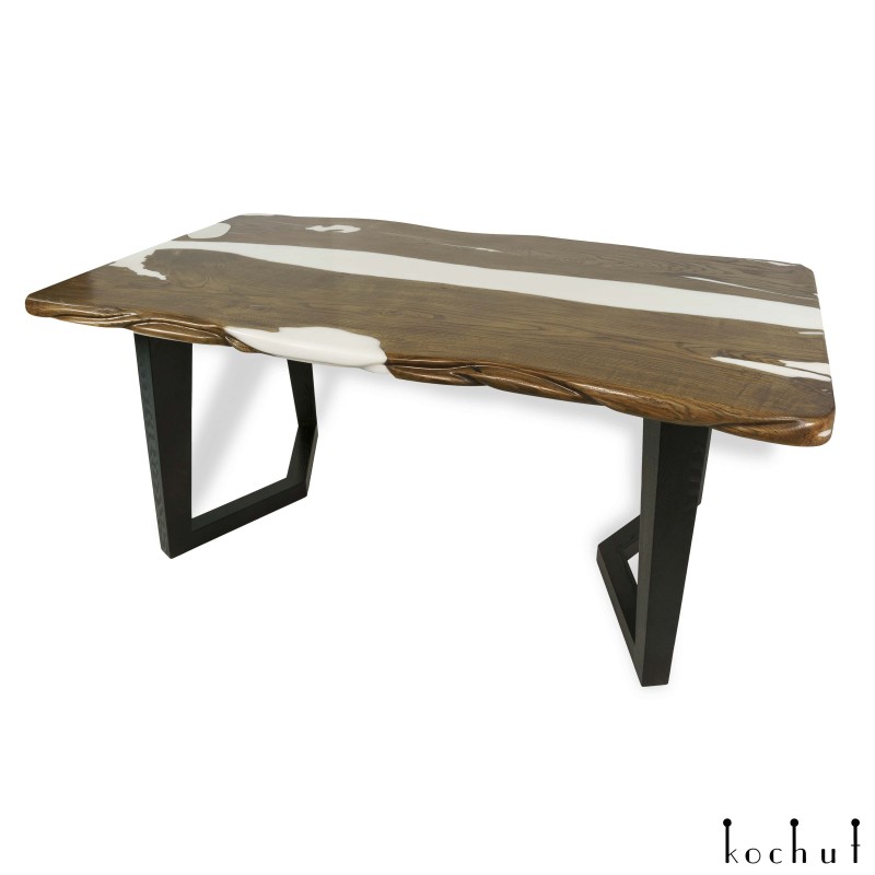 Dining table «Snow in the desert.» Oak, white opaque epoxy, polyurethane (wooden legs)