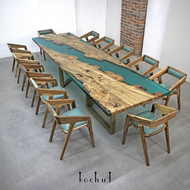 Giant Trail — set of table and 12 chairs made of elm and epoxy resin
