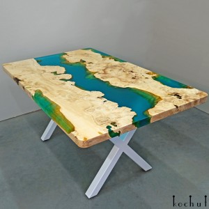 Dining table «Santorini». Maple, turquoise transparent epoxy resin, polyurethane 