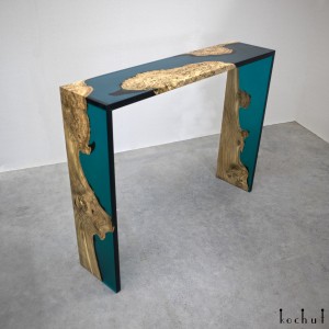 Table-console «Alvero». Rock elm, transparent green-blue epoxy resin, acrylic