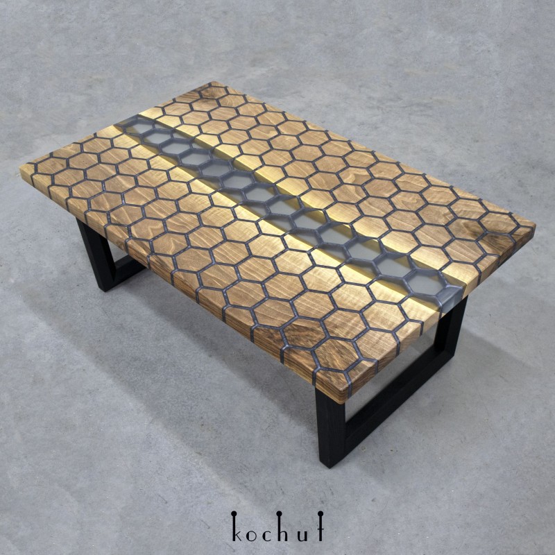 "Hexagon" coffee table. European walnut, epoxy resin, polyurethane