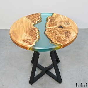Dining table «Florence». Rock elm, transparent turquoise epoxy resin, polyurethane 