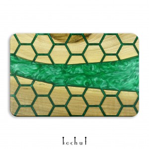 Serving board «Honeycombs. Emerald». European walnut, green pearl epoxy resin, polyurethane 
