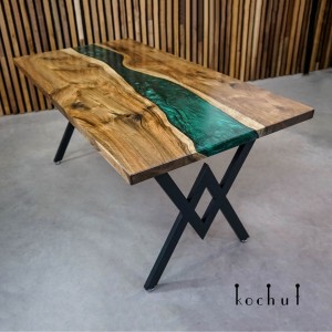 Dining table «Greenwich platforms». European walnut, green pearl epoxy resin, polyurethane