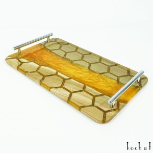 Serving tray «Honeycombs. Amber». European walnut, orange pearl epoxy resin, oil-wax