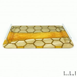 Serving tray «Honeycombs. Amber». European walnut, orange pearl epoxy resin, polyurethane 