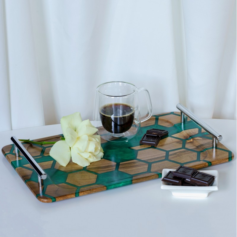 Serving tray «Honeycombs. Emerald». European walnut, epoxy resin, oil-wax