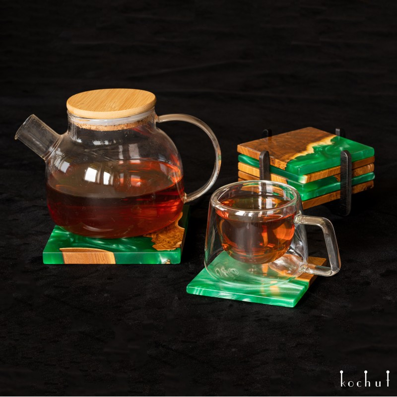 Комплект підставок під чашки та чайник «Вабі-Сабі. Трава». Дика маслина, епоксидна смола, поліуретановий лак