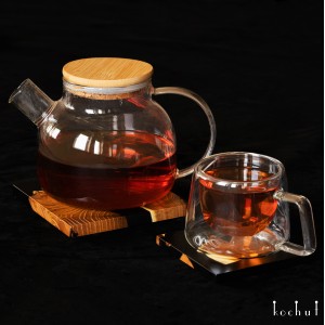 Комплект підставок під чашки та чайник «Вабі-Сабі. Ніч». Дика маслина, епоксидна смола, поліуретановий лак
