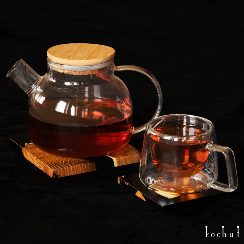 Комплект підставок під чашки та чайник «Вабі-Сабі. Ніч». Дика маслина, епоксидна смола, поліуретановий лак
