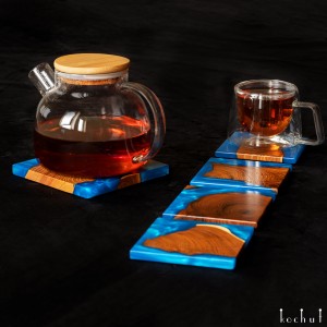 Комплект підставок під чашки та чайник «Вабі-Сабі. Море». Дика маслина, епоксидна смола, поліуретановий лак