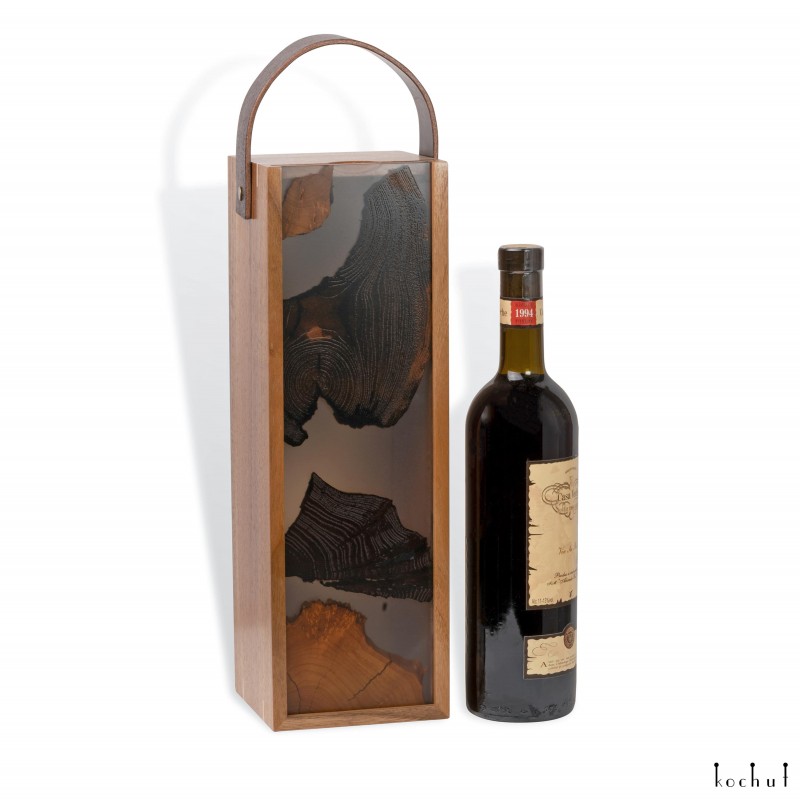 Case for bottles «Nectarus». Body of the product – walnut, front – wild olive, front filled with epoxy resin, covering – polyurethane 