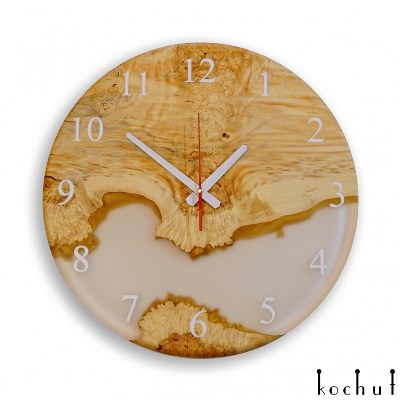Wall clock "Continuum".  Maple, elm, walnut  epoxy resin, polyurethane 