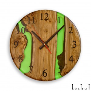 Wall clock «Continuum». Elm, green transparent epoxy resin, polyurethane, round shape