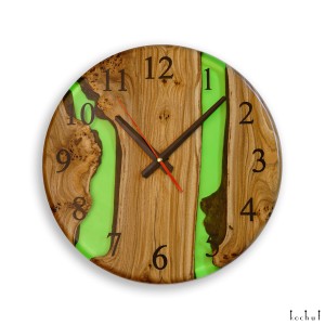 Wall clock «Continuum». Elm, green transparent epoxy resin, polyurethane, round shape