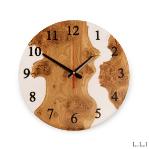 Wall clock «Continuum». Elm, white opaque epoxy resin, polyurethane varnish, round shape