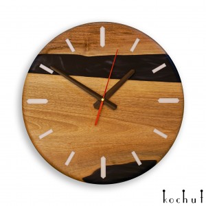 Wall clock «Continuum». Elm, black pearl epoxy resin, polyurethane, round shape