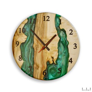 Wall clock «Continuum». Maple, green pearl epoxy resin, polyurethane, round shape
