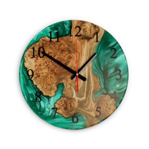 Wall clock «Continuum». Elm, green pearl epoxy resin, polyurethane, round shape
