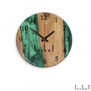 Wall clock «Continuum». Walnut, green pearl epoxy resin, polyurethane, round shape