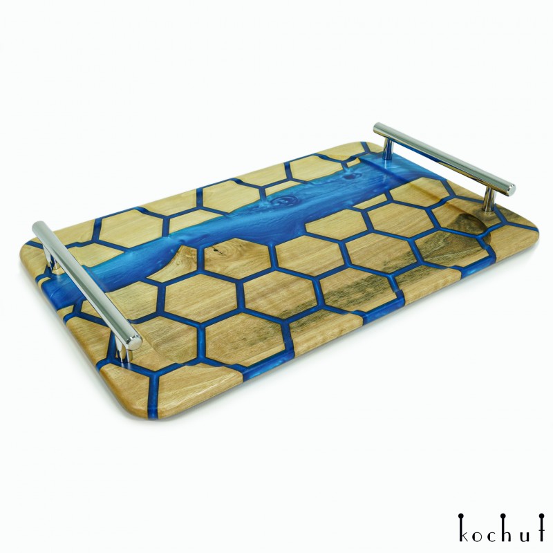 Serving tray «Honeycombs. Sapphire». European walnut, blue pearl epoxy resin, oil-wax