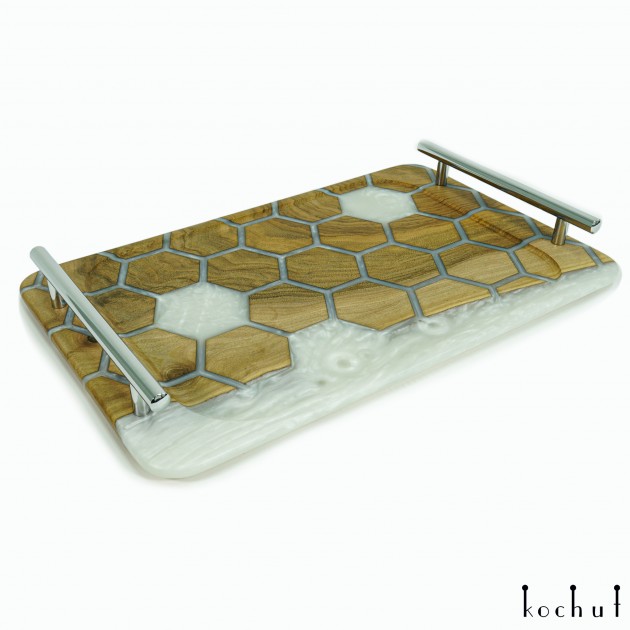 Serving tray «Honeycombs. Platinum». European walnut, white pearl epoxy resin, oil-wax