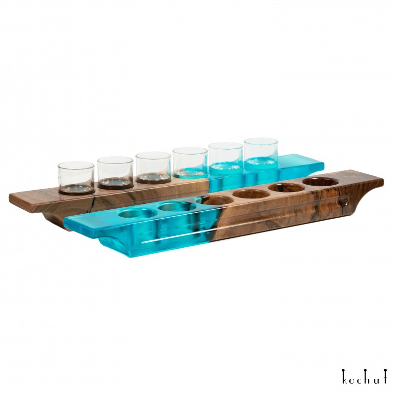 Stand for shots «Chieftain». Elm, blue transparent epoxy resin, polyurethane 