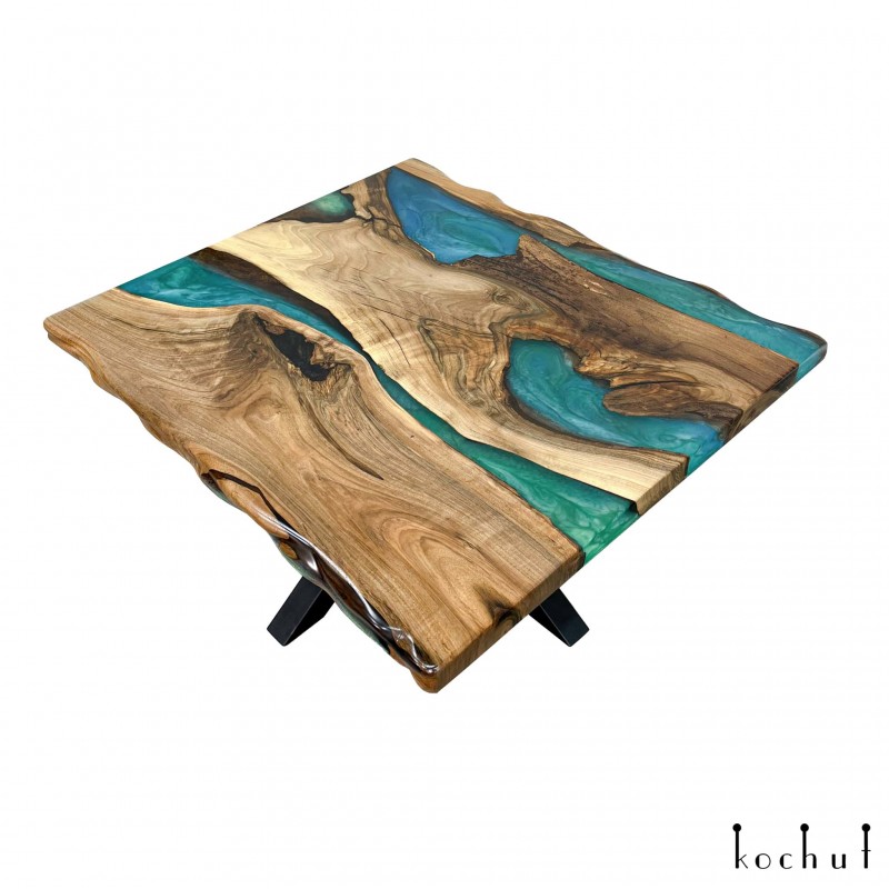 Coffee table «Rhapsody». European walnut, blue-green epoxy resin, polyurethane 